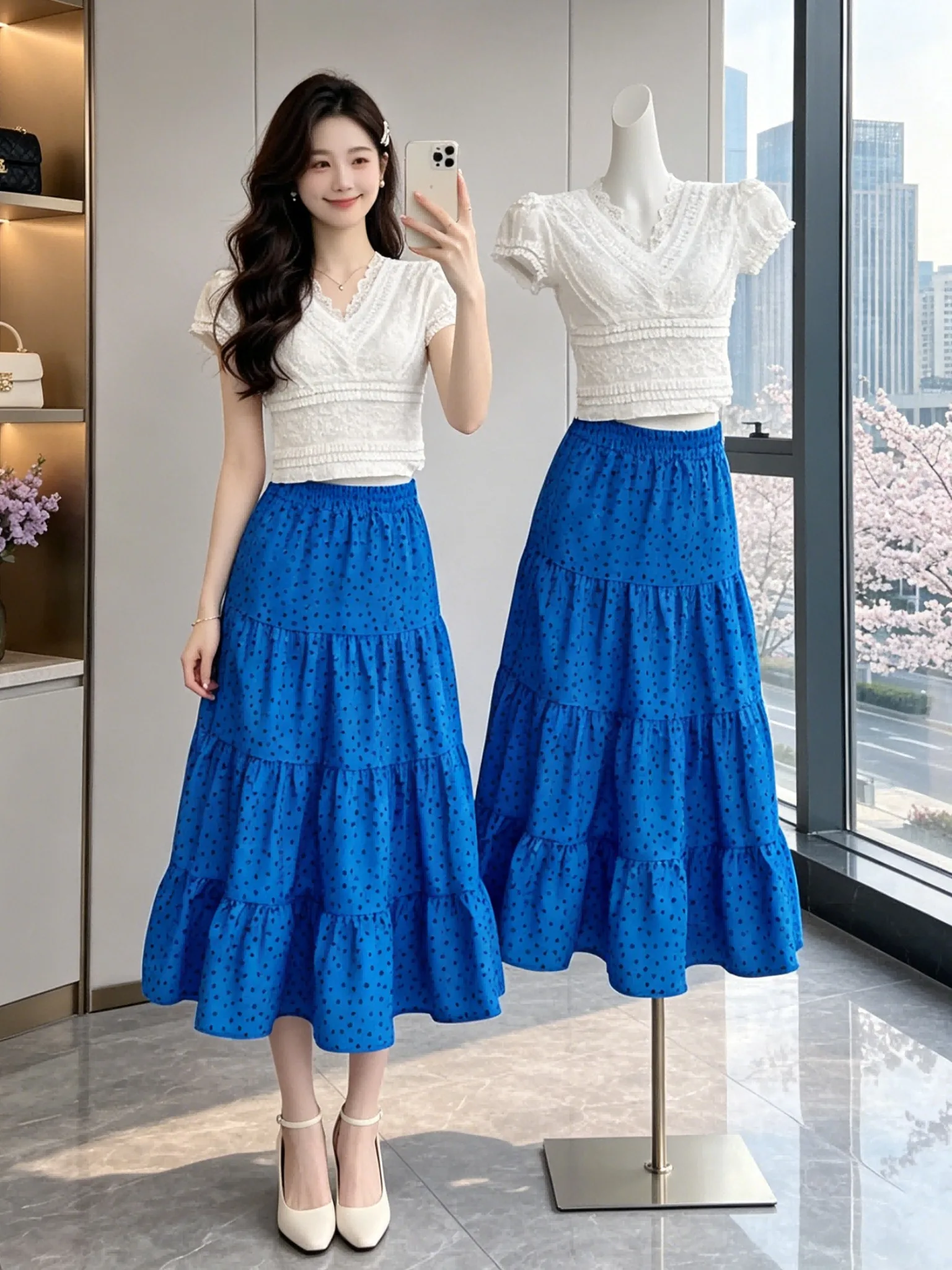 

Chic Summer Outfit Top And Skirt Set Gentle Style Ageless Whole Set Ootd 2026 Season Short Sleeve Slim Fit Maternity Wear