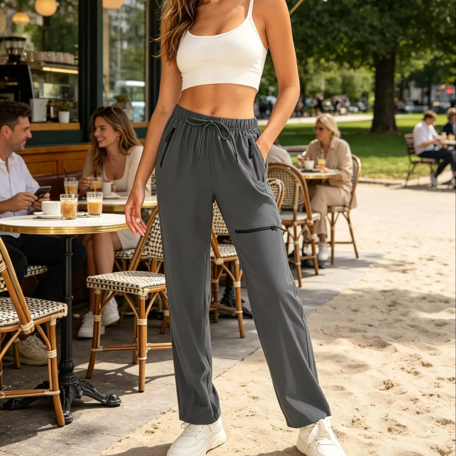 Women's Woven Zipper Pocket Cargo Pants Casual Loose Pants Female Breathable Solid Color Drawstring Jogger Yoga Baggy Trousers
