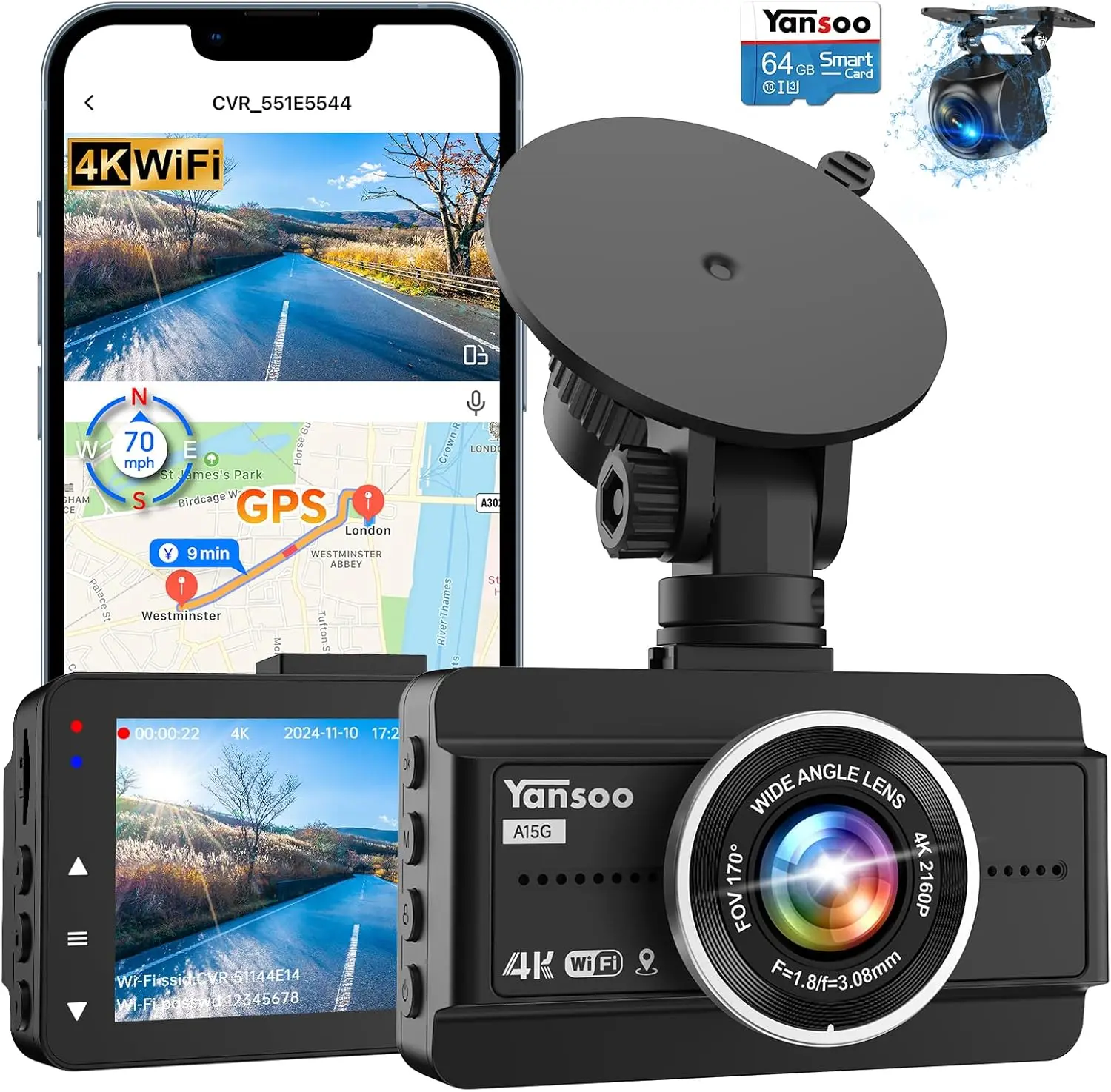 Caméra de voiture double 4K avec WiFi 5G, GPS, vision nocturne, moniteur de stationnement, carte 64 Go gratuite