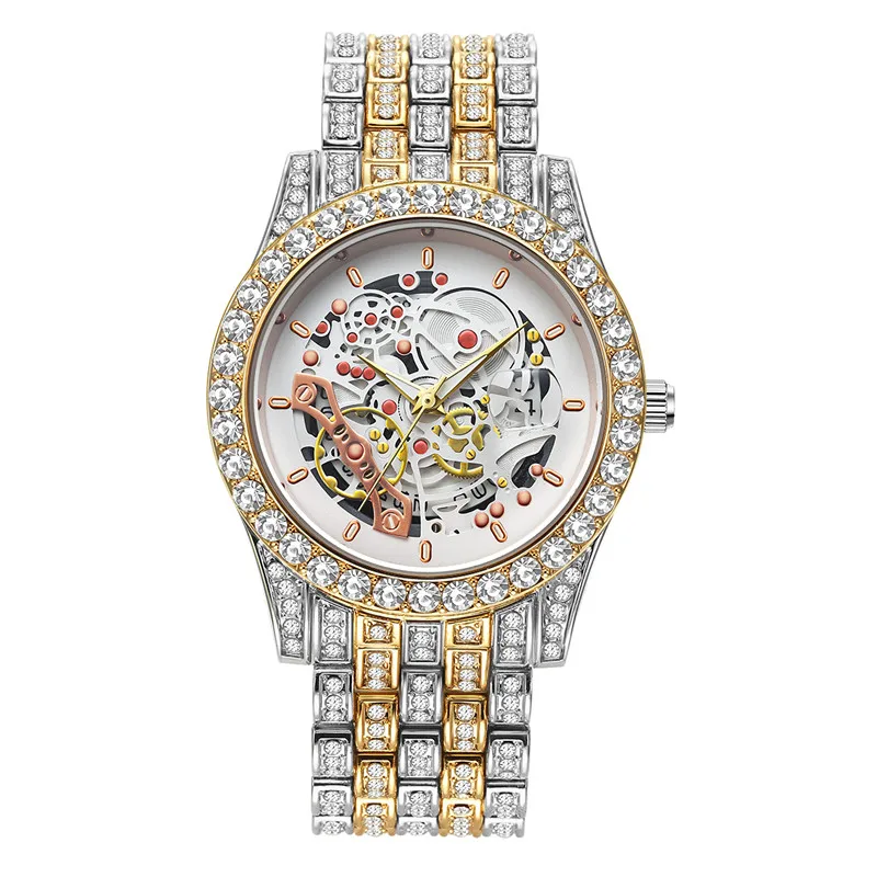 Original Brand Golden Watches For Men Hip Hop Diamond Fashion Alloy Band Simple Date Quartz Skeleton Watch Relogio Masculino