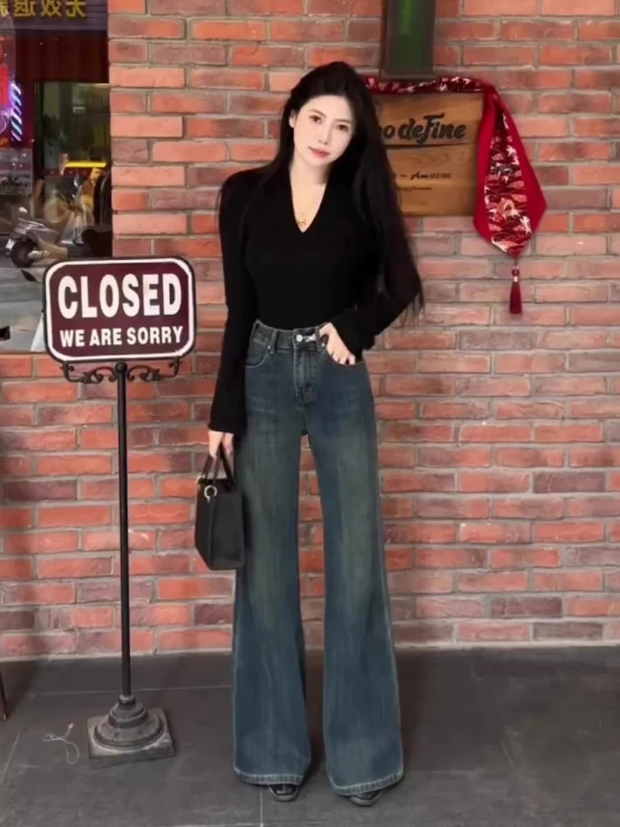

American Style High Waist Wide Leg Jeans Women's Spring Loose Slimming Pants Micro Flared Bootcut Trousers for Young Ladies