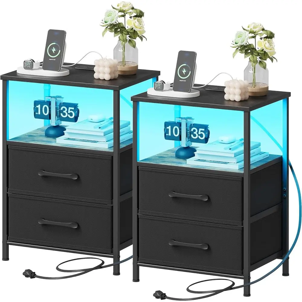 

Pair of Modern Nightstands with USB Charging, LED Lights, Fabric Drawers, Open Shelf, Black