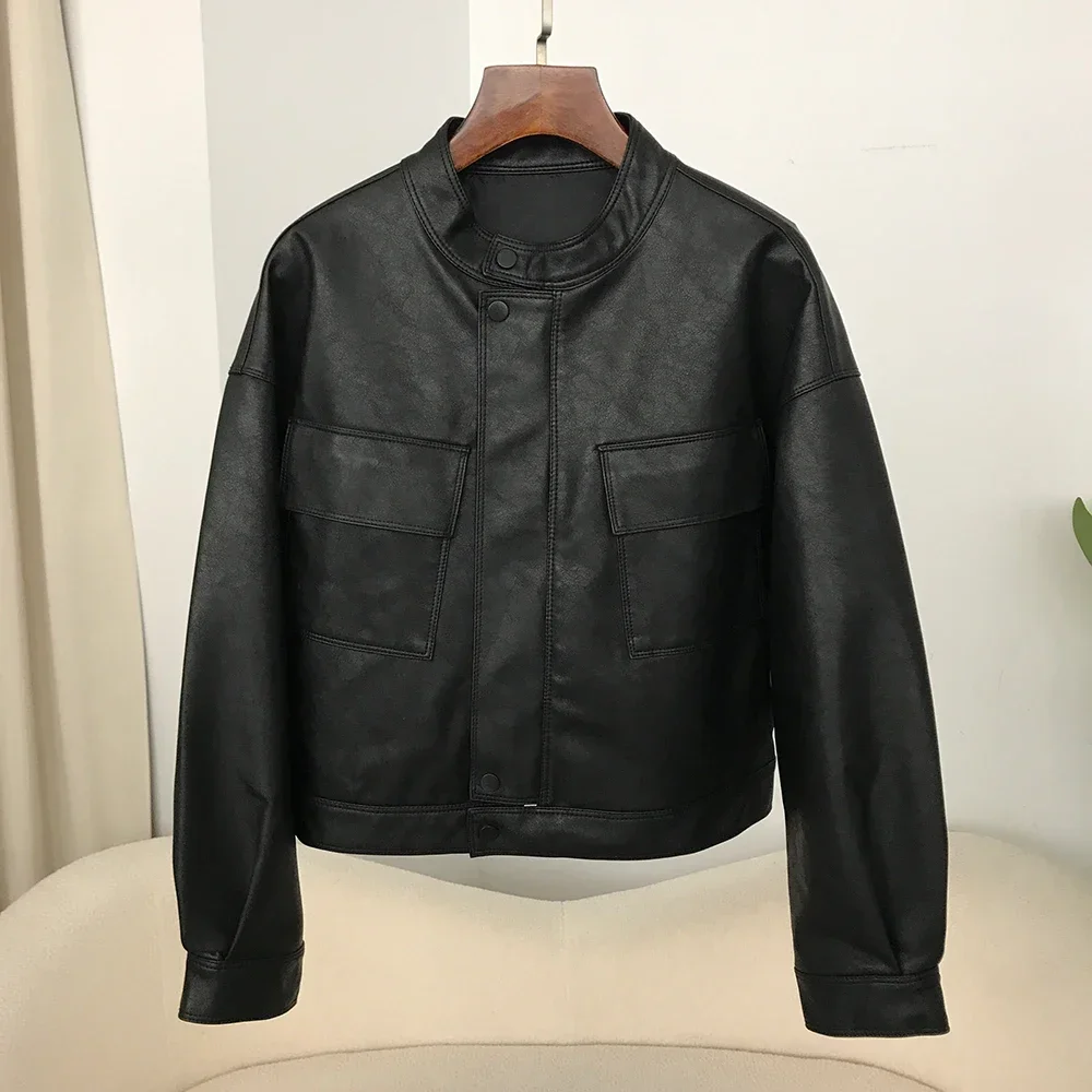 Autumn Leather Coat with Pockets Biker Jacket Women Ladies Vintage Solid Short Bomber Outerwear Retro New Spring Autumn