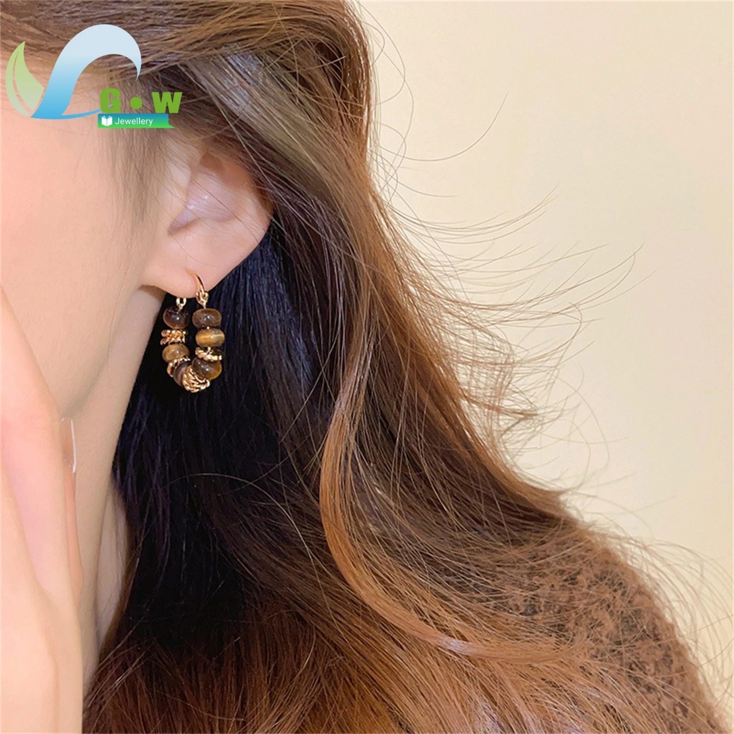 

Hypoallergenic Silver Needle Tiger Eye Stone Earrings For Women Maillard Vintage Retro Aesthetic Fashion Jewelry Daily Wear