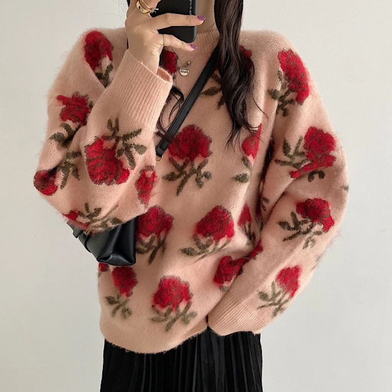 ZOKI Designed Women Jumper Elegant Korean Women Rose Embroidery Sweater Pullover Winter Thick Ladies Casual Tops New 2023