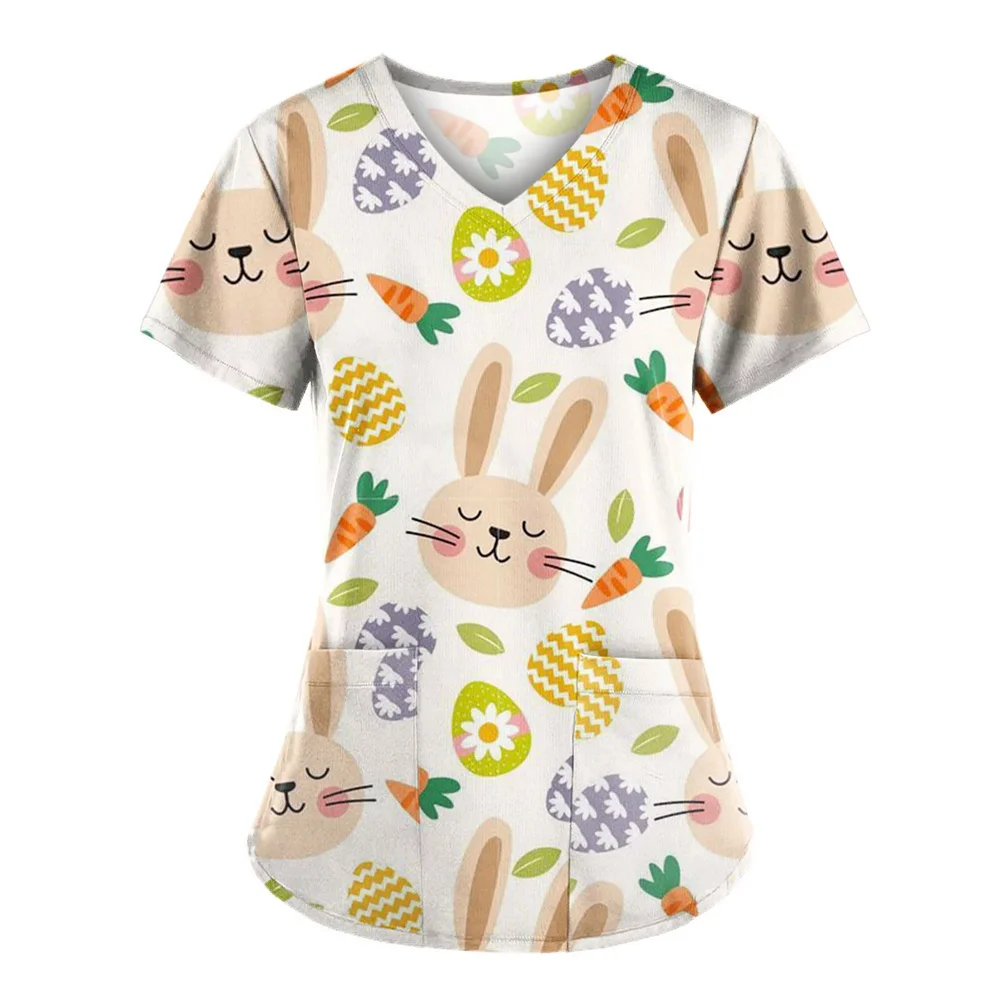 Clinical Uniform Woman Cute Bunny Print Summer Women's Medical Scrub V Neck Short Sleeve Top Dental Veterinary Medical Uniforms