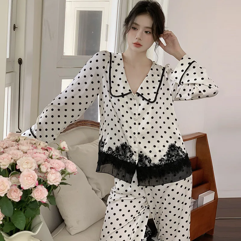 

Women French Autumn Full Sleeves Sleepwear Fashion Turn-Down Collar Two-Pieces Pajamas Loose Design Cardigan Long Pants Pyjamas