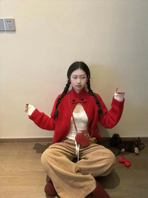 

Cisas Theme Thiened Red Knitted High Collar Sweater Coat Women's Autumn Winter New Sle Sweet Lazy Open Cardigan