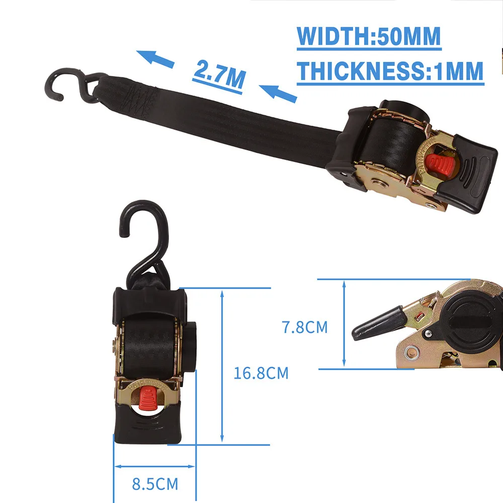 Auto Intrekbare Ratelband 50Mm X 2.7M Vaste Vastbinding Haak Lading Sjorren Motorfiets Bestelwagen Reizen Opslag