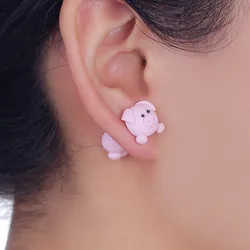 Handmade 3D Pink Pig Polymer Clay Stud Earrings For Women Kids Cute Piggy Front Back Ear Jackets Kawaii Farm Animal Earrings