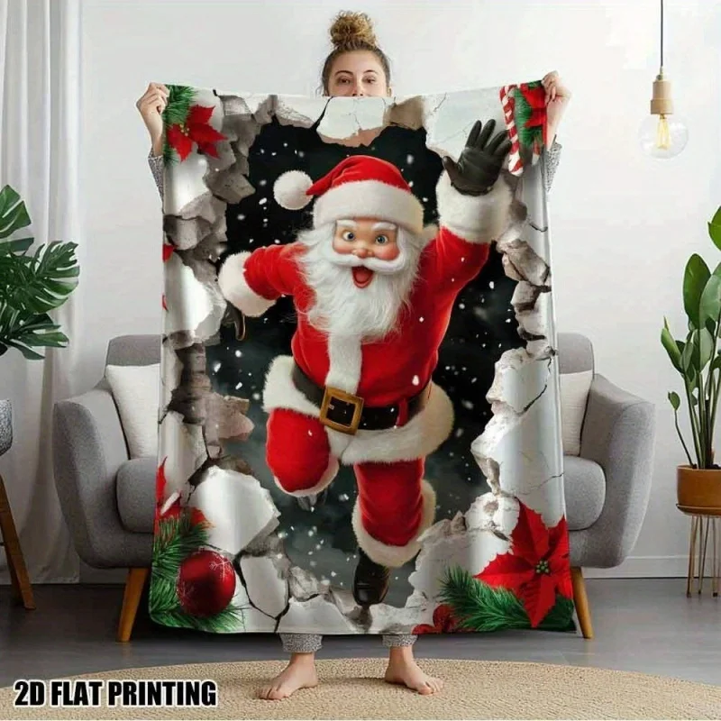 Christmas Santa Claus Breaking Wall 3D Visual Flannel Throw Blanket, Festive Snowflake Element Soft Cozy Blanket