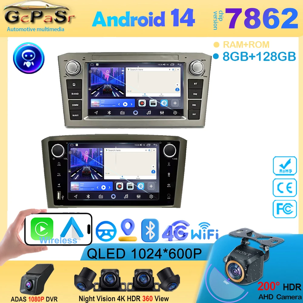 7 Inch Android 14 For Toyota Avensis T25 2003-2008 Auto Radio Stereo Multimedia Video Player GPS Navigation No 2din DVD 5G Wifi