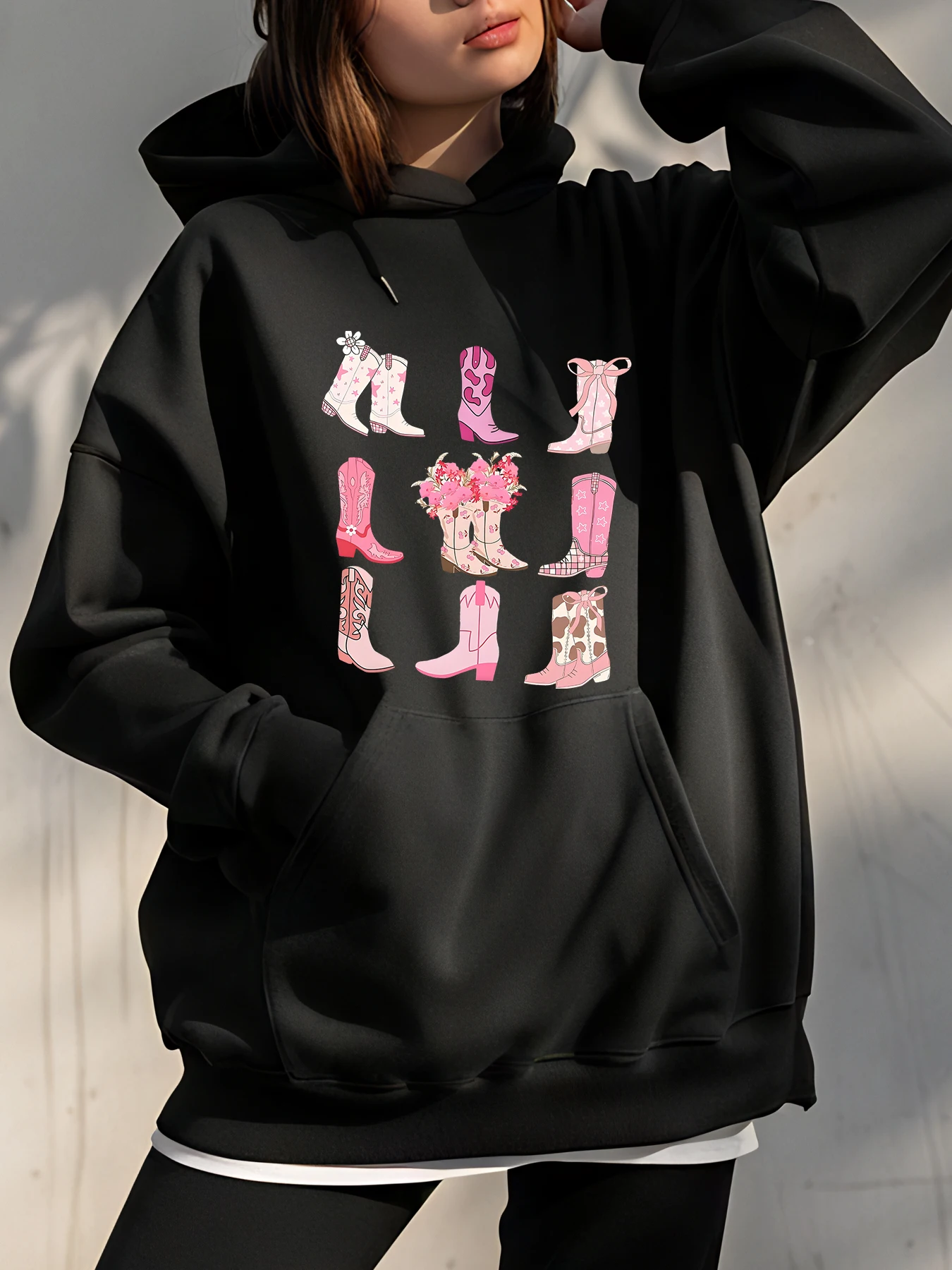 

【Valentine's Day】Pink Boots Print Hoodie Loose Fit Casual Women's Sweatshirt Ins Style Graphic Design Streetwear Outfit