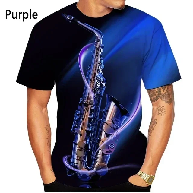 Summer Fashion Men's Short Sleeved 3D Printed Saxophone Music Pattern Street Hip-hop T-shirt Slim Fit Round Neck Oversized Top