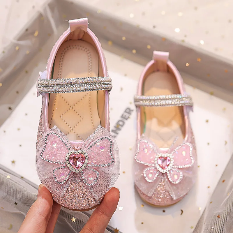 2026 Spring New Girls Princess Shoes Simple Versatile Bow Kids Leather Shoes Comfort Anti Slip Girls' Rhinestone Casual Shoes