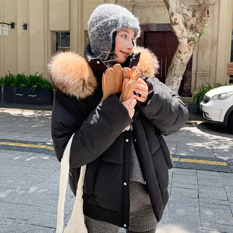 Winter Faux Fur Hooded Loose Women Parkas Short Jackets Zipper Pockets Windproof Padded Quilted Warm Solid Casual Puffer Jacket