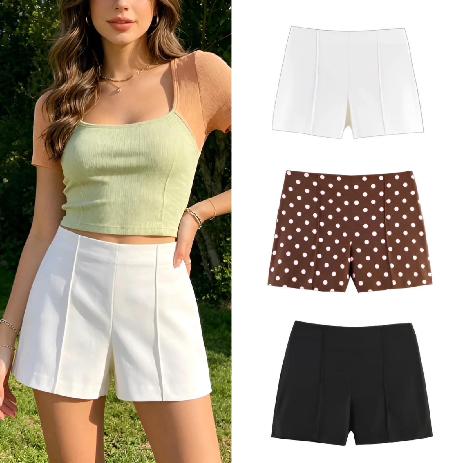 Shorts de Mujer Vintage con Estampado de Puntos, Cintura Alta, Verano 2026, Nuevo Estilo Línea A, Pierna Ancha, Casual, Blanco, Pantalones Cortos Holgados para Mujer