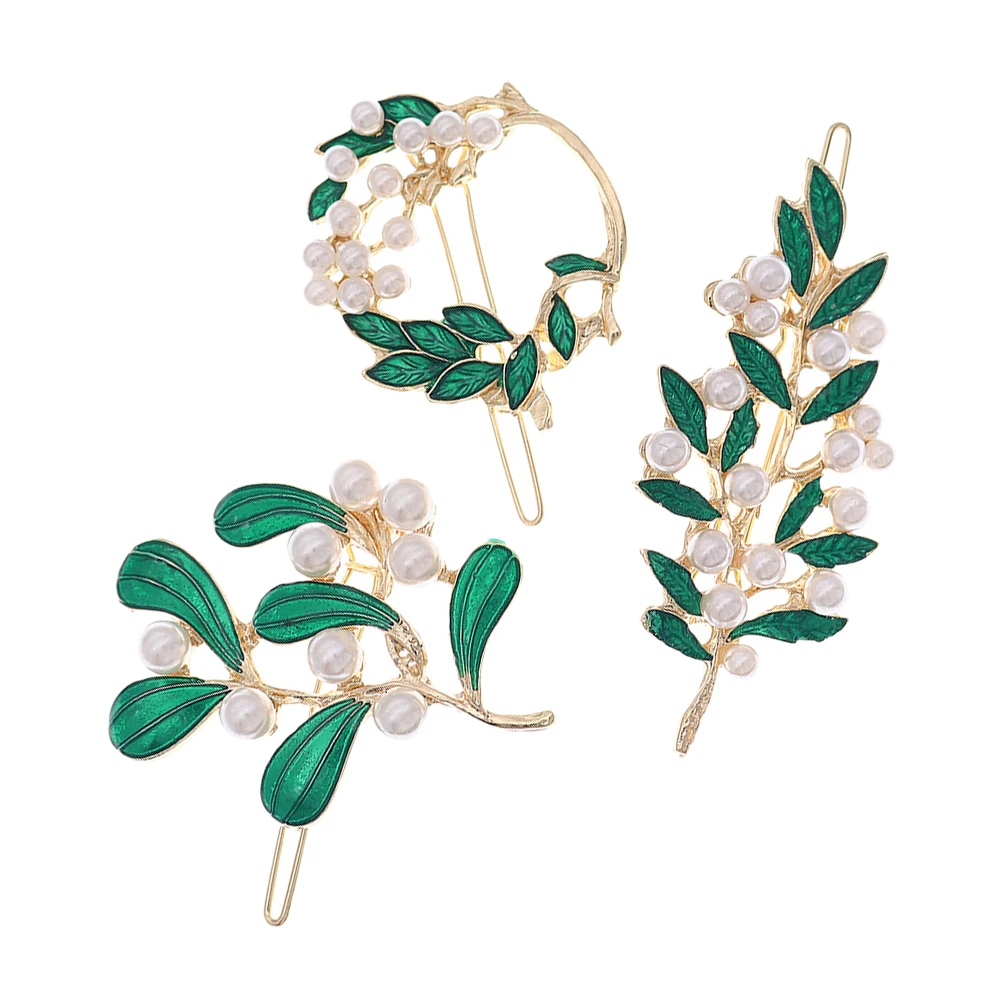 

3 Pcs Pearl Clip Alloy Leaf Bobby Pins Girls Women Cute Slides Hair Accessories Decorative Clips Jewelry Retro Style Bright