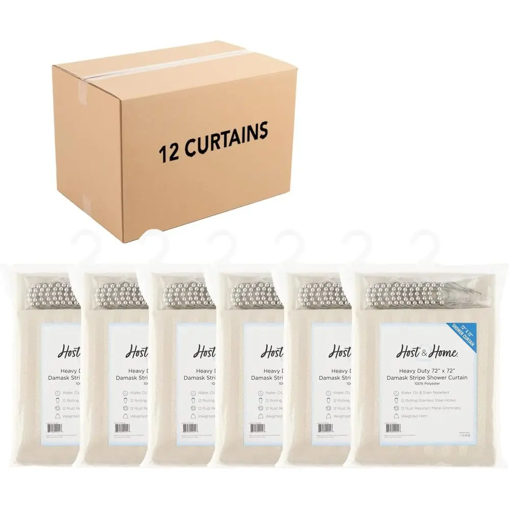 

Arkwright Bulk Shower Curtain Set - Case o 12 - Stainl12 Metal Hooks, ern Damask Woven Washable abric with Weighted Hem & Rust-P