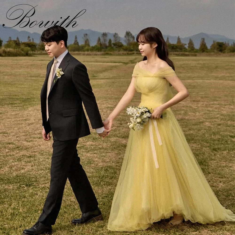 

Bowith Yellow Korean Wedding Snap Dresses Customized Off the Shoulder Soft Tulle Reception Dresses Evneing Party Dresses