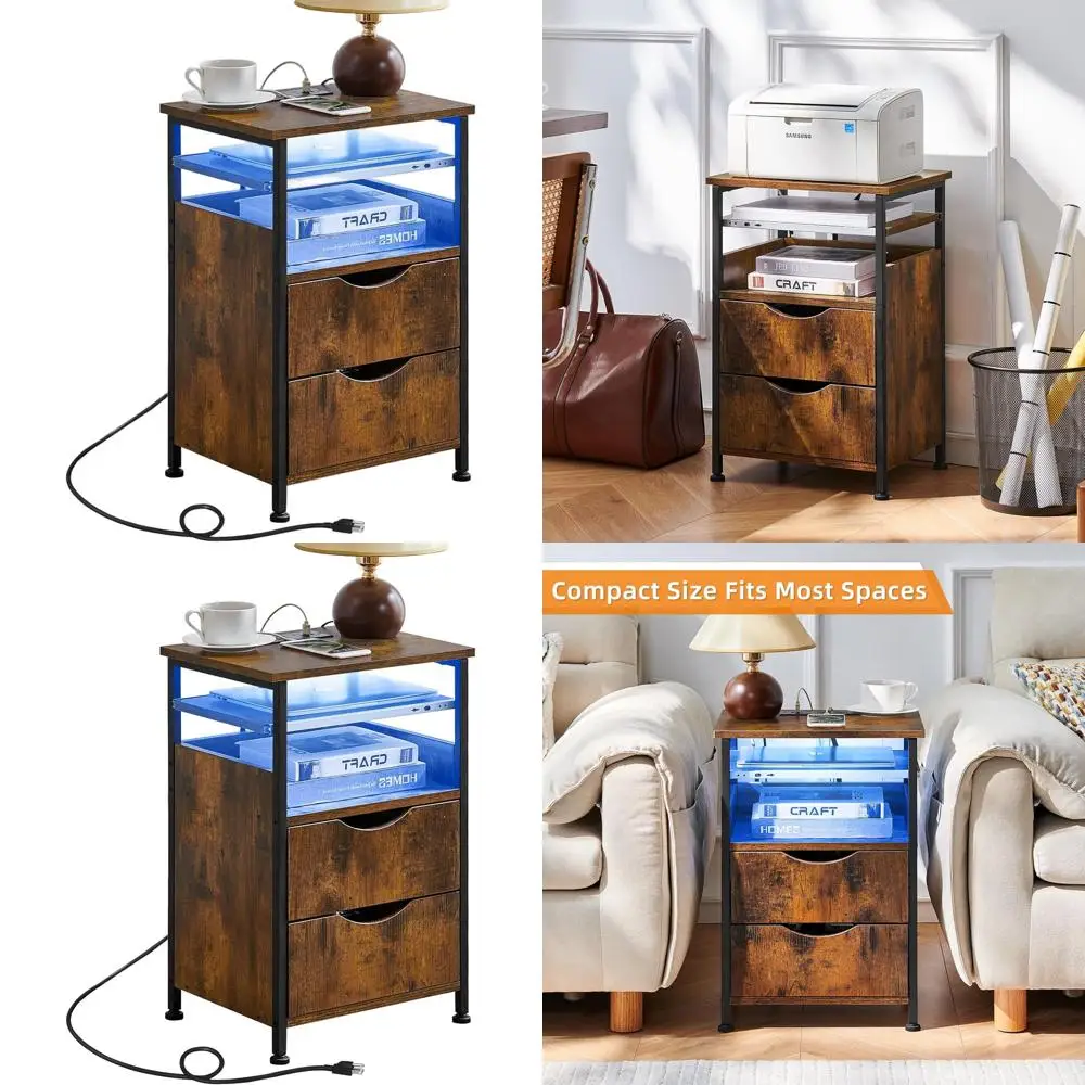 

Прикроватный столик с зарядной станцией, узкий приставной столик с 2 ящиками, тумбочка с LED-подсветкой, тонкий столик для спальни/гостиной, коричневый