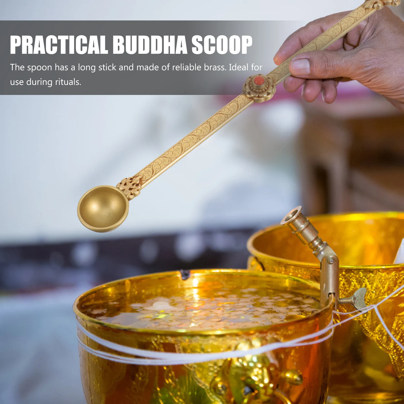 

Brass Ghee Spoon for Rituals Ethnic Ceremony Tool Offering Ladle Colorful Beads Red Handcrafted Tibetan Style