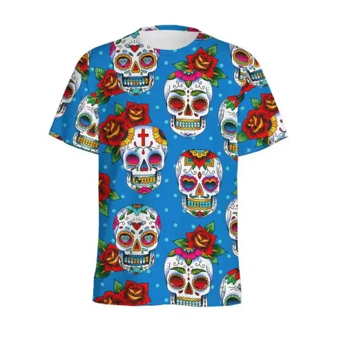 Men Mexican Sugar Skull Rose 3D Print T‑Shirt Day Of The Dead Colorful Skull Floral O‑Neck Short Sleeve Casual Summer Tee Tops