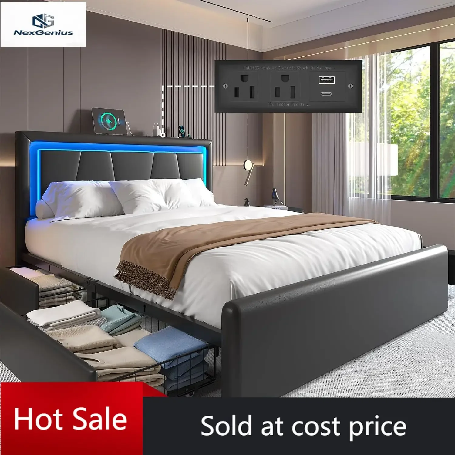 

Full Size Bed Frame with 4 Storage Drawers, Charging Station and LED Light, Adjustable Upholstered Headboard, Noise-Free, No Box