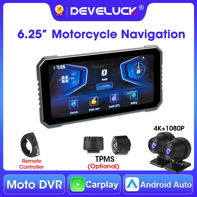 

Видеорегистратор Develuck 6.25" 4K+1080P для мотоцикла с GPS-навигацией, беспроводным CarPlay, Android Auto, Bluetooth, двумя камерами и пультом дистанционного управления