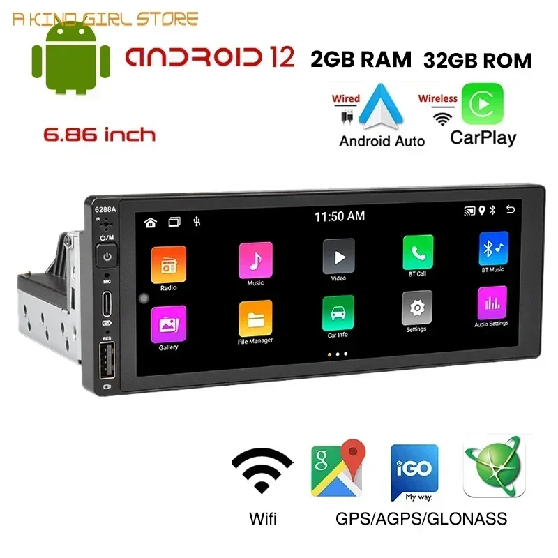 1 Din Android Car Radio Wireless CarPlay Mirror Link Bluetooth WiFi Android-Auto 6.86 Inches GPS Navigation Multimedia Player