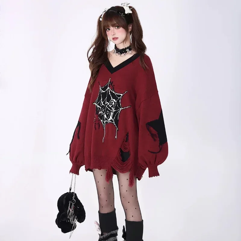 Deeptown Y2k Gothic Women Sweater Harajuku Japanese Fashion V Neck Knit Pullovers Hole Oversized Contrast Color Grunge Autumn