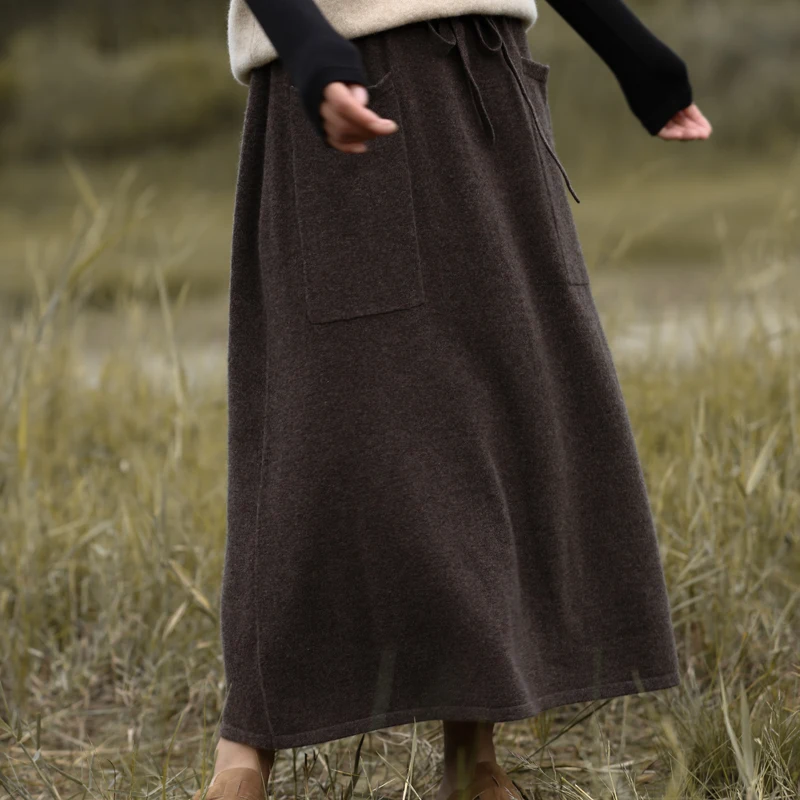 Autumn And Winter Wool Long Skirt Female High Waist Solid Color Buckle Joker Double Pocket Skirt Loose Slim Cashmere Knit Skirt