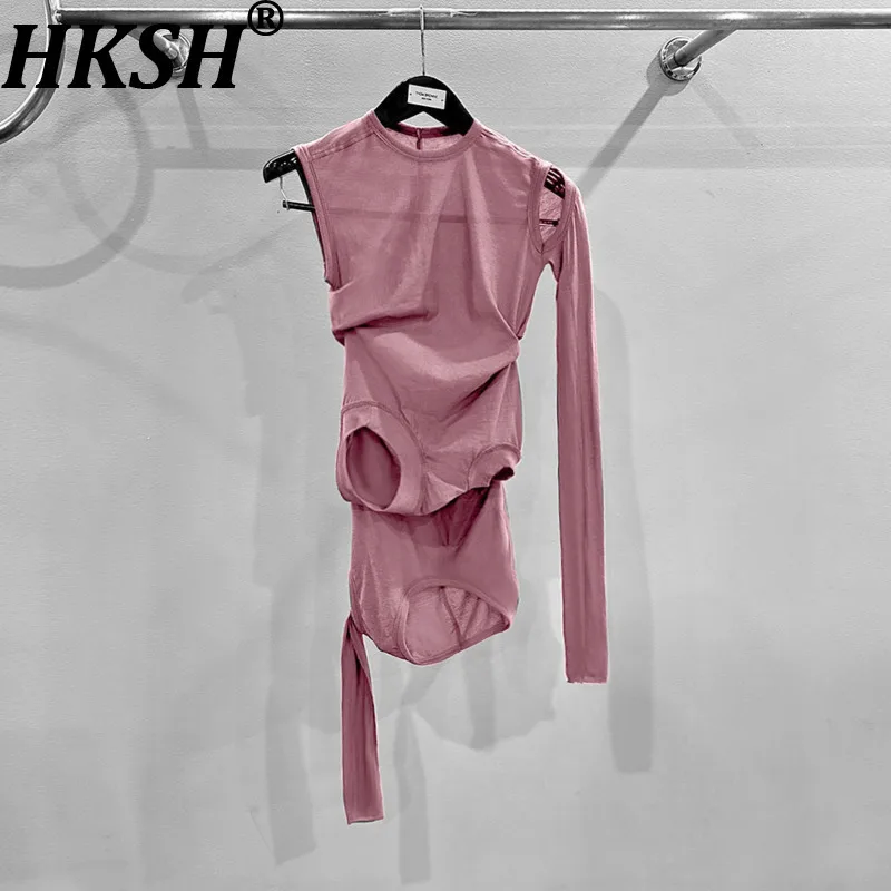 

HKSH 2026 Spring Summer New Women Thin T-shirt Multi-cuffs Wearing Method Double Layer Slim Fit Solid Color Tee Sexy Tops HK2326