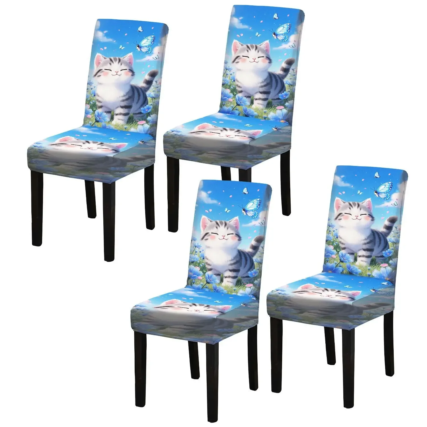Elastic printed dining chair cover, beautiful healing kitten pattern, removable and washable non-slip dining chair cover