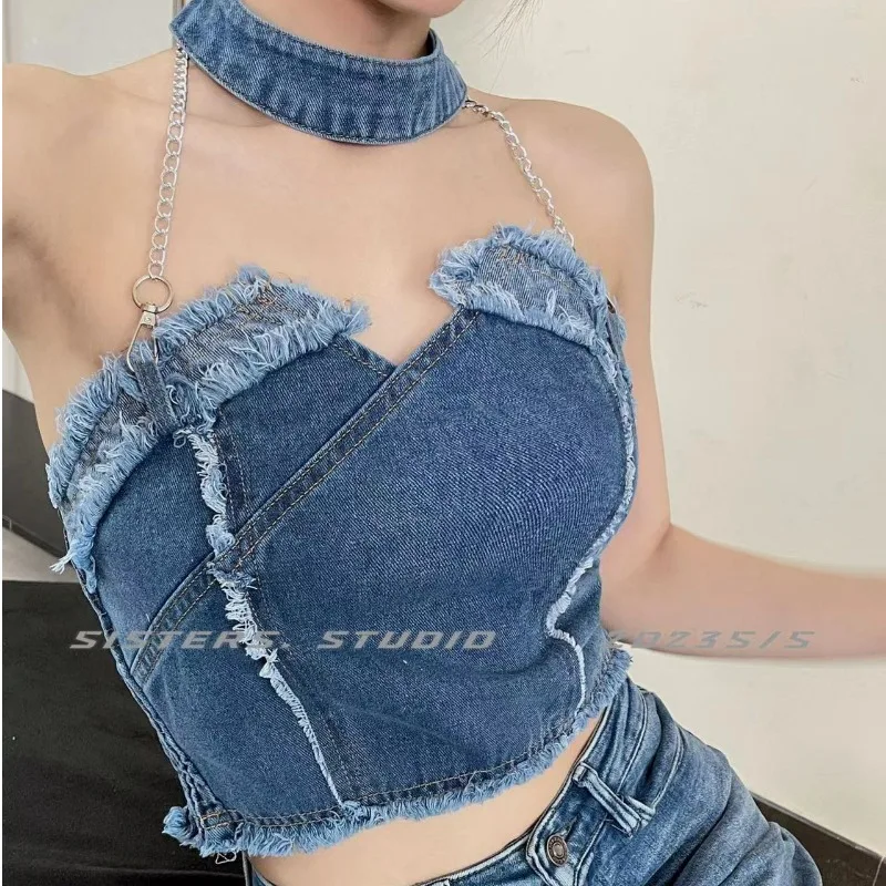 European and American Spice Girls Neck Denim Suspender Small Vest Women's Design Sense Outer Wear Rough Edge Tub Top