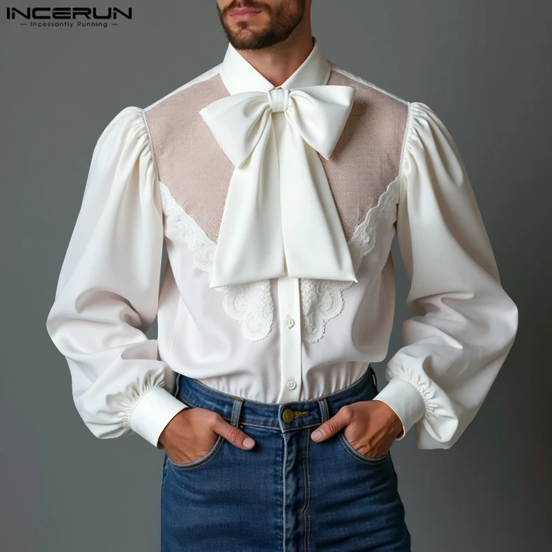 Incerun camisas masculinas romance francês arco 2024 casual solto gola topos bonito moda laço emenda retalhos topo túnicas