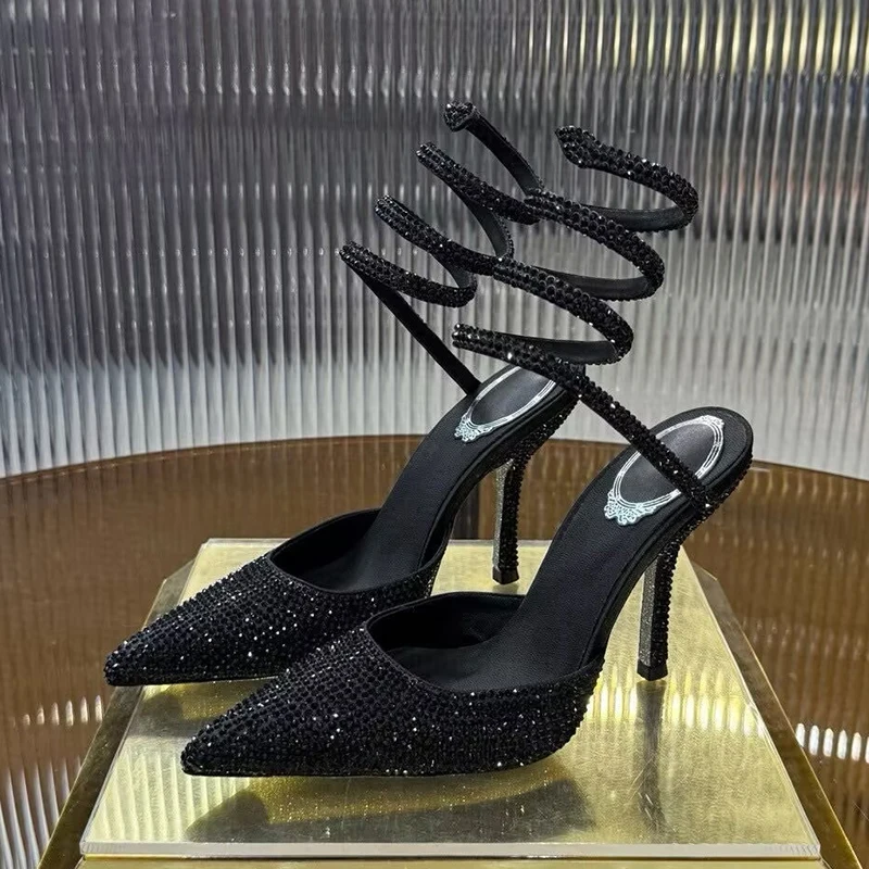Pointed Toe Thin High Heels Pumps Women Bling Rhinestone Ankle Snake Shaped Winding Sandals Summer Sexy Party Banquet Shoes