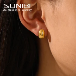 SUNIBI-pendiente de tuerca de acero inoxidable para mujer, Color dorado y plateado, pendientes simples, esposas, aro grueso liso, joyería de moda