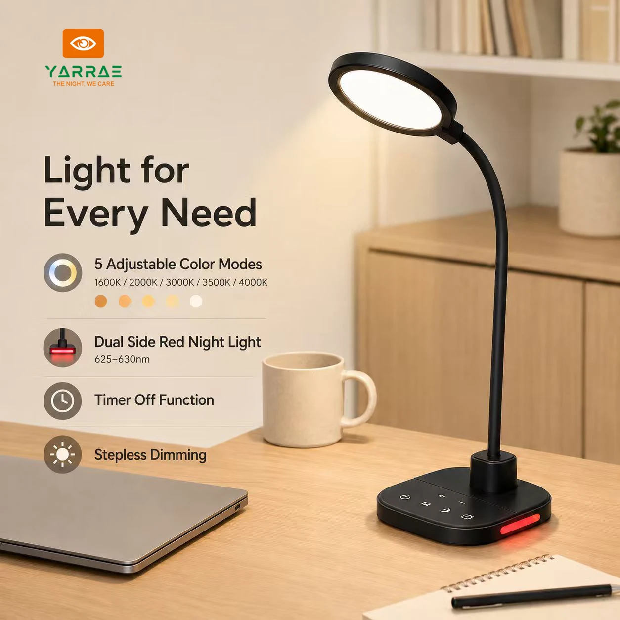 LED Table Lamp Adjustable 5 Color Modes Dimmable Brightness Home Desk Reading Lamp with Auto Timer Off Function