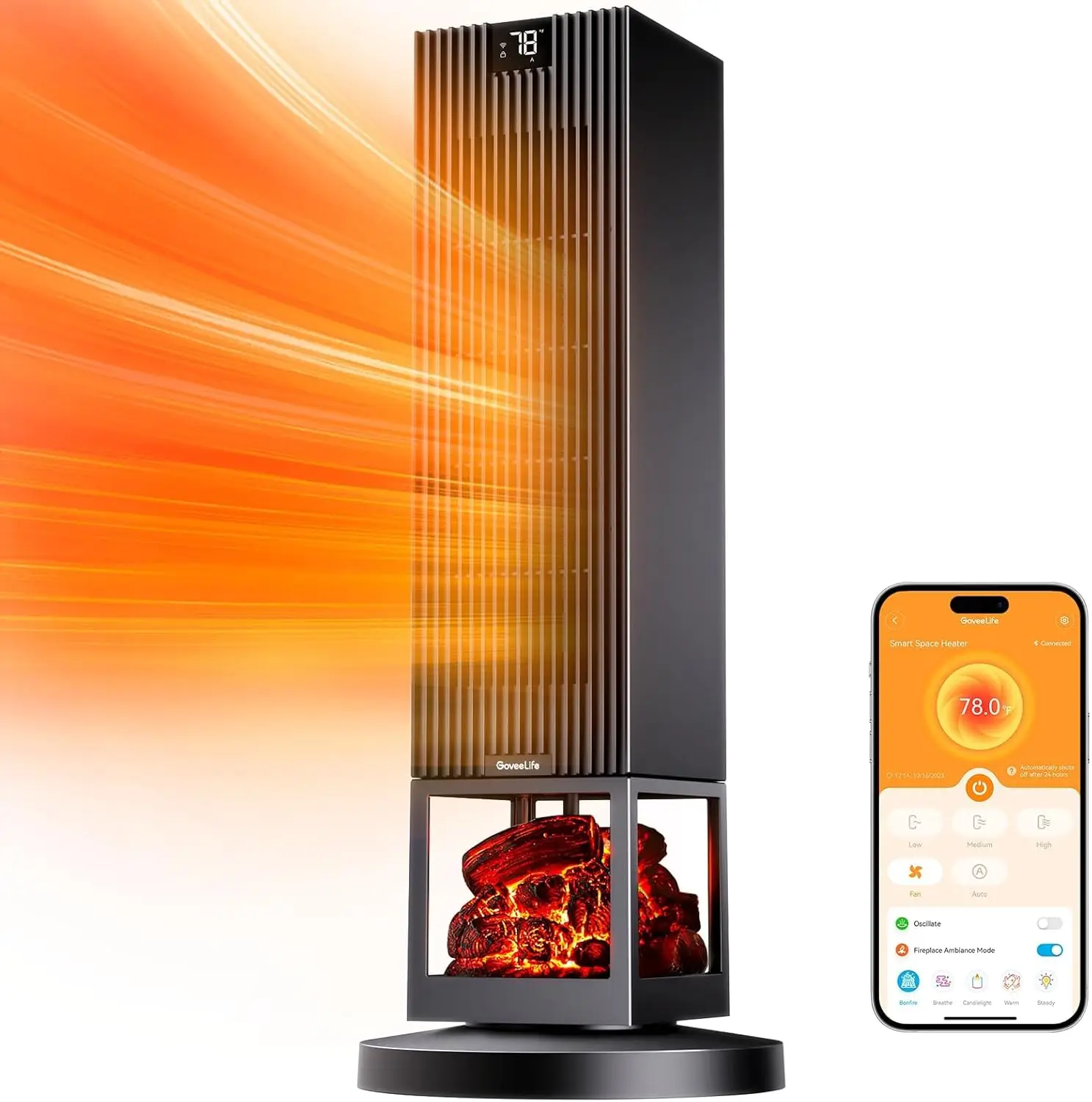 Smart Space Heater Max for Indoor Use 80°Oscillation Night Light 1500W Fast Heating with Thermostat 24H Timer 5 Modes