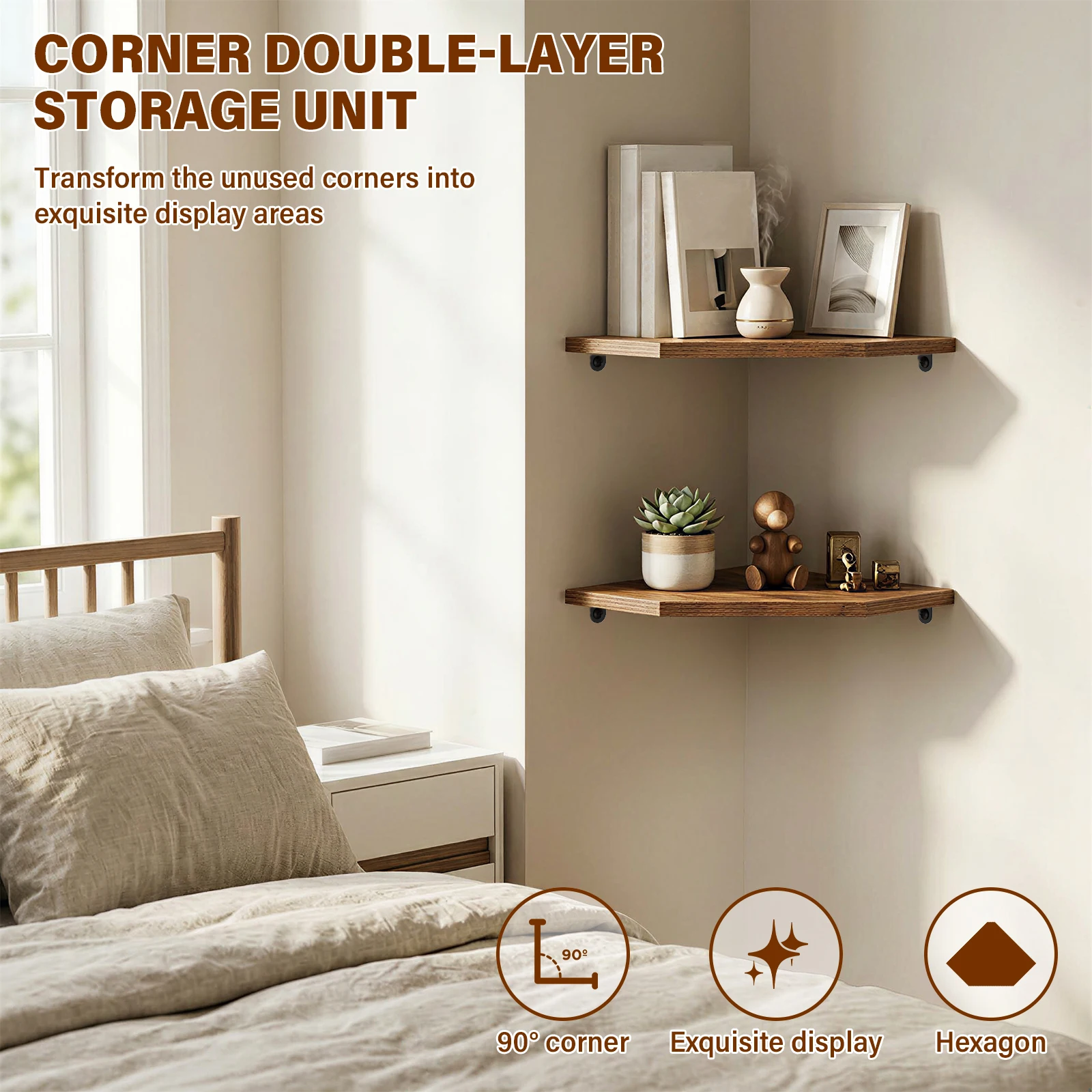2Pcs Wall Corner Shelves Thicken Density Board Corner Shelf with Wire Cutout Design Floating Wall Storage Shelf for Home Decor