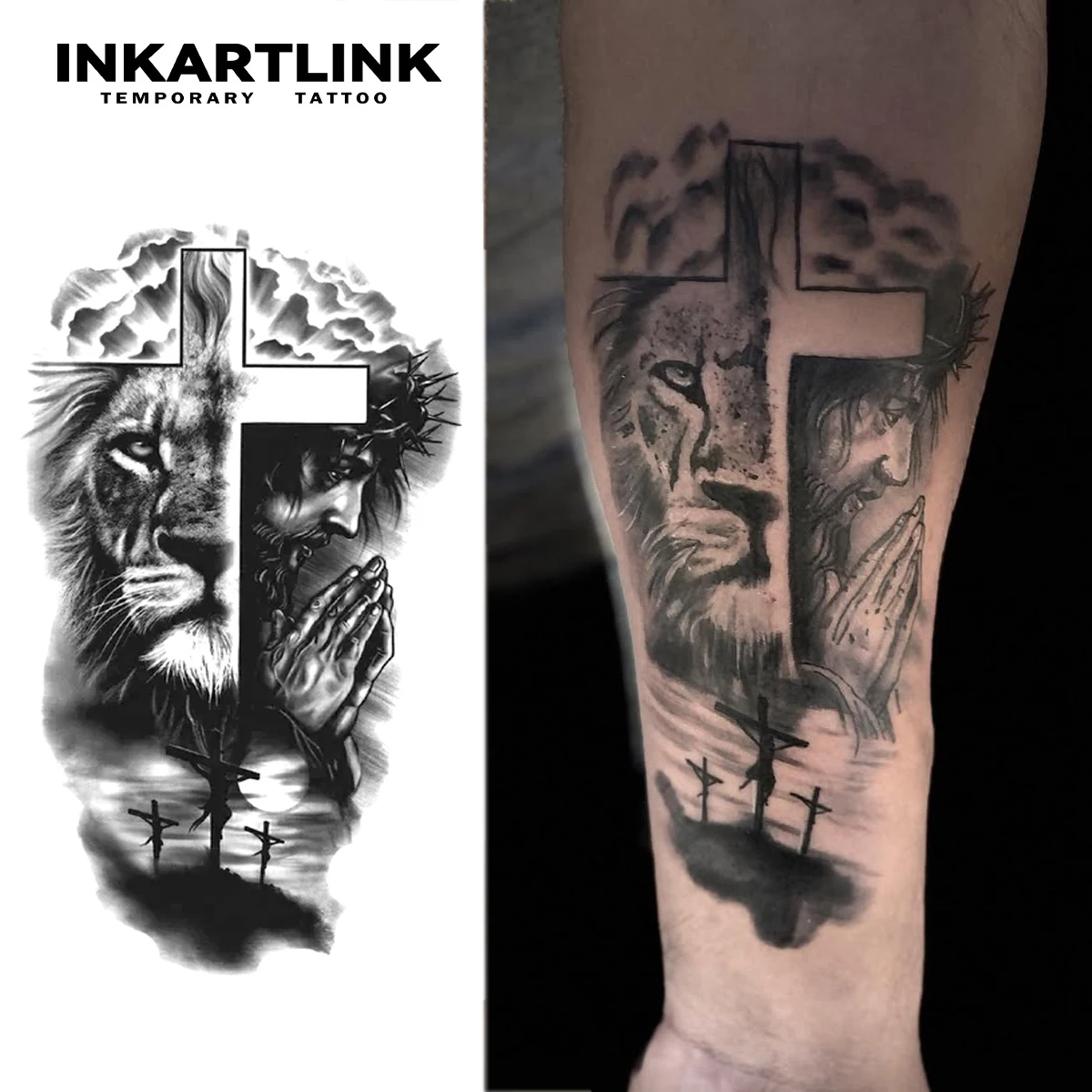 Cross Divides Lion&Praying Jesus,With Clouds&Crucifixion Scene,Waterproof Semi Permanent Sticker