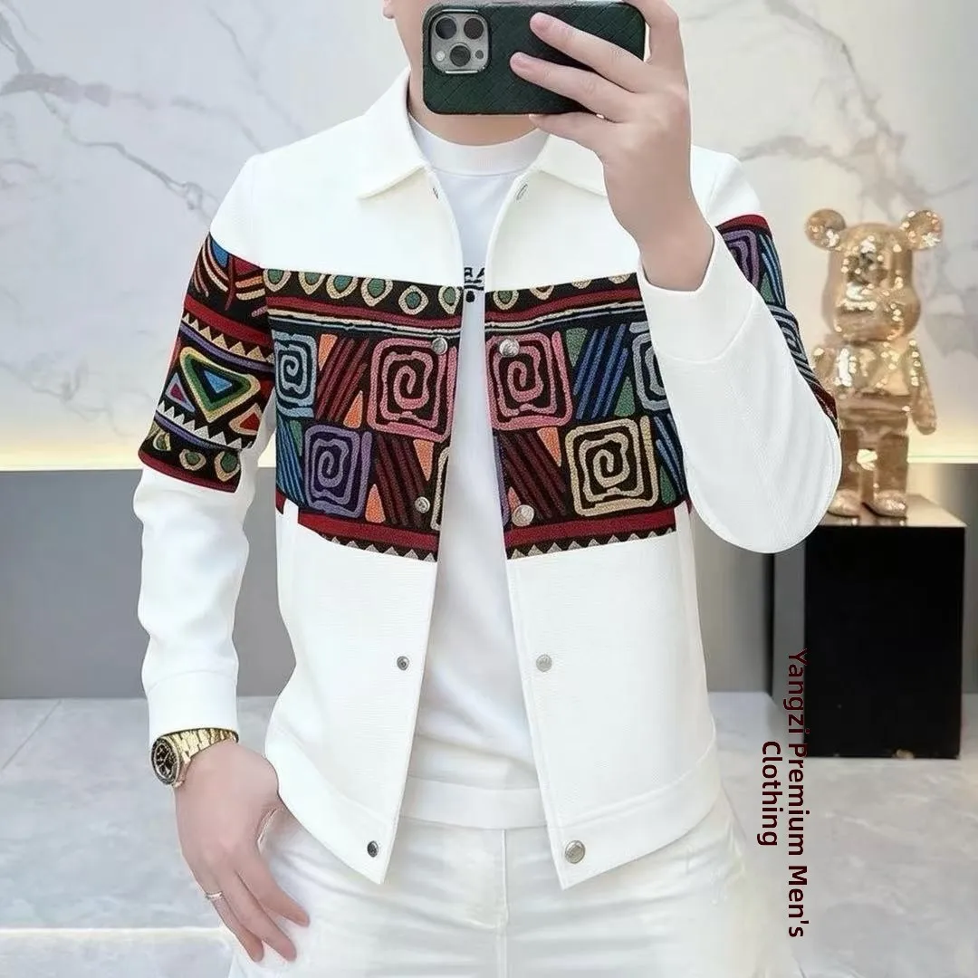 

Spring Autumn New Sle Men's Embroidered Ethnic Sle Slim Fit Jaet Faionable Single Piece Turn-down Collar Outerwear