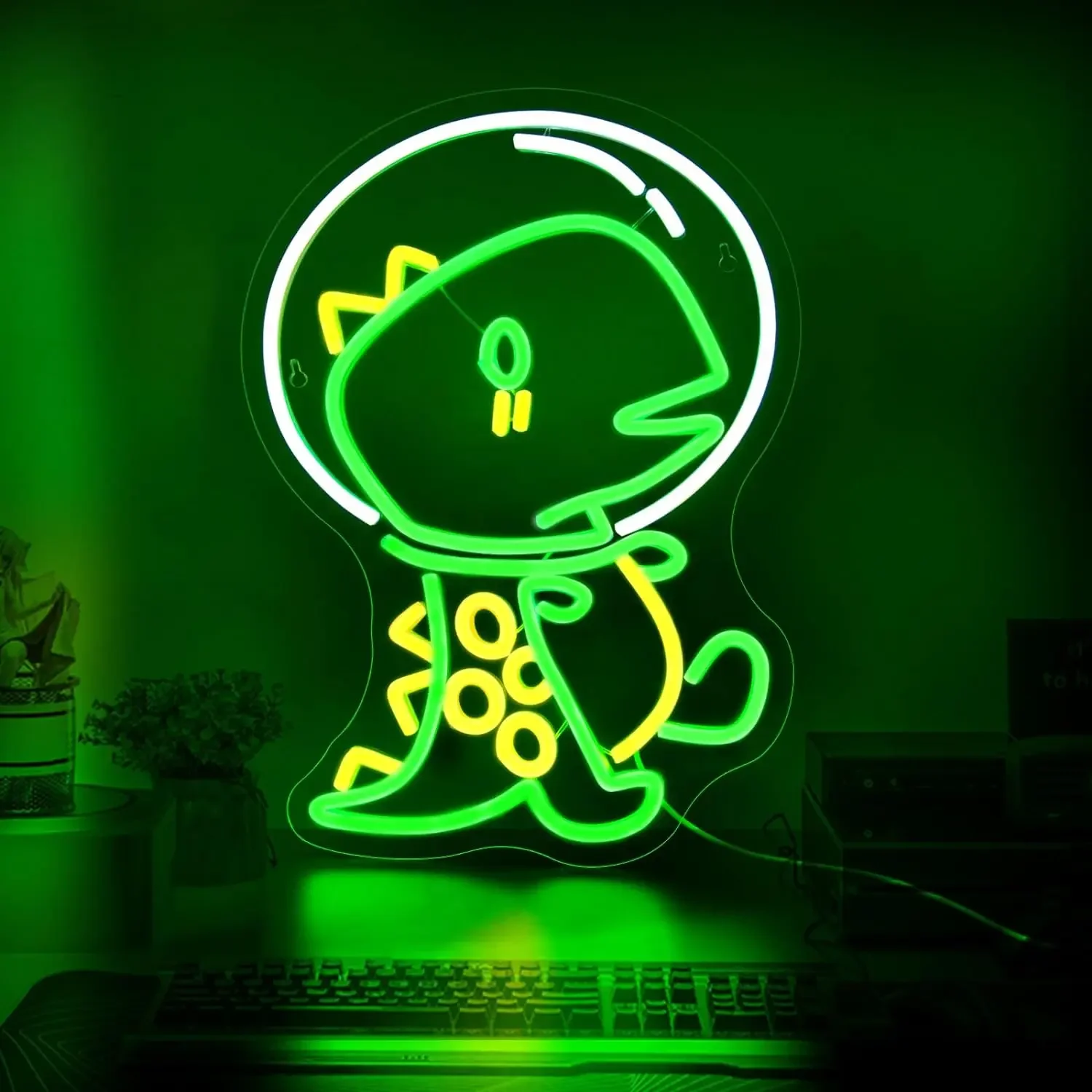 Dinosaur Astronaut Neon Sign LED Neon Light For Wall Decor Green Light Up Sign Girls Room Coffee Shop Bedroom Wall Decor Gifts