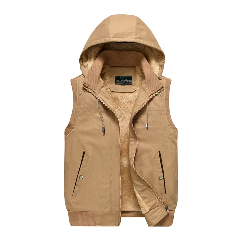 

Autumn Men's Vest Pure Cotton Washed Lined Lamb Fleece Detachable Cap Sleeveless Jacket Casual Fashion Outdoor Tooling Warm Coat