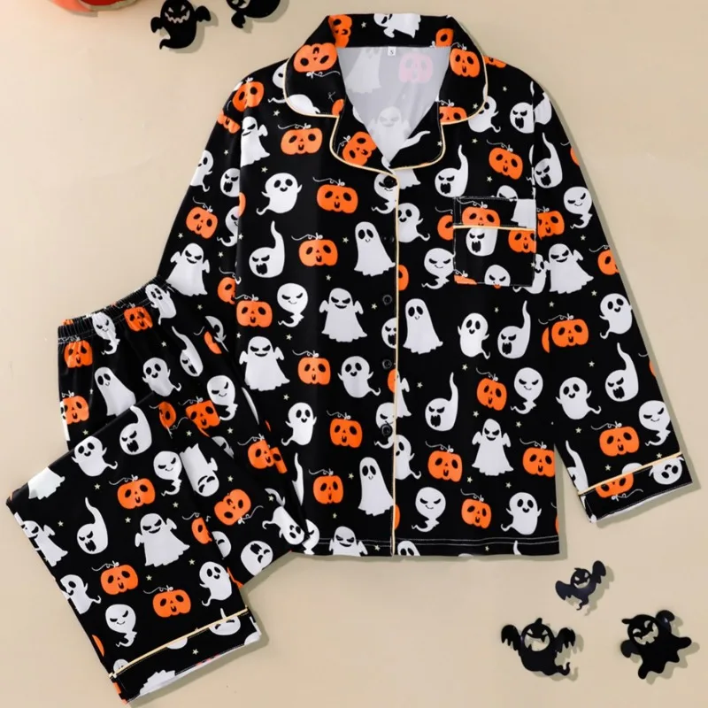 Wholesale Women's Long-Sleeved Halloween Pajama Set, Spring and Autumn Loungewear with Lapel, Loose Fit Trousers