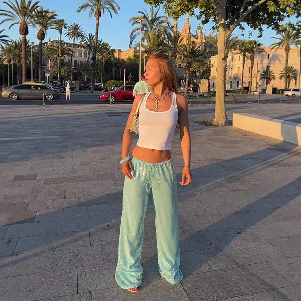 Fashionable Slim Fit Glittering Casual Pants Women's Loose High Waist Straight Leg Trousers Summer 2025 Cross-Border Style
