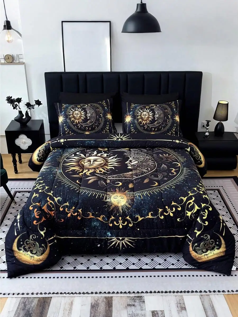 

3PCS Golden Sun And Moon Planet Intensification Quilt Set(1 Comforter+2 Pillowcases Without Pillow Core), Contains Padding 180gs