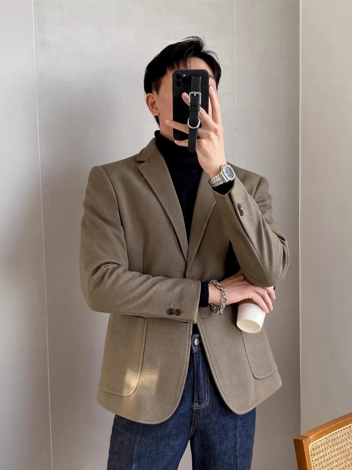 

Мужской шерстяной пиджак для осени и зимы, повседневный деловой стиль, корейская версия, классический, на двух пуговицах, однотонный