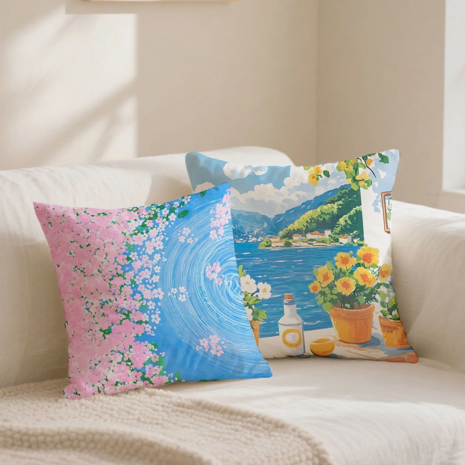 Mediterranean & Floral Art Throw Pillow Covers - Bright Coastal Home Decor